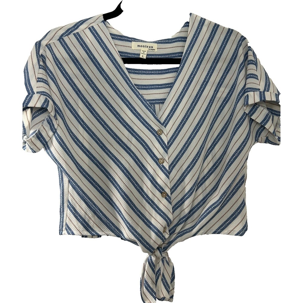 Monteau Los Angeles Womens‎ Blue White Striped Tie Front Button Up Blouse Large